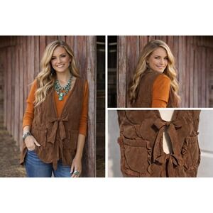 Carly Jean Cozy Boho Western Cottage Brown Quilted Tie Front Vest Medium